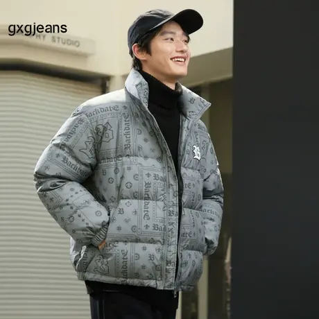 gxgjeans男装 2024年冬季新款个性印花灰色休闲短款羽绒服男图片