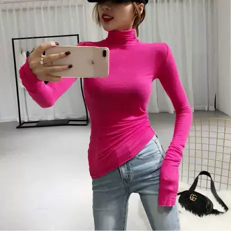 2022新款韩版秋冬高领打底衫女长袖纯色百搭紧身T恤修身显瘦上衣商品大图