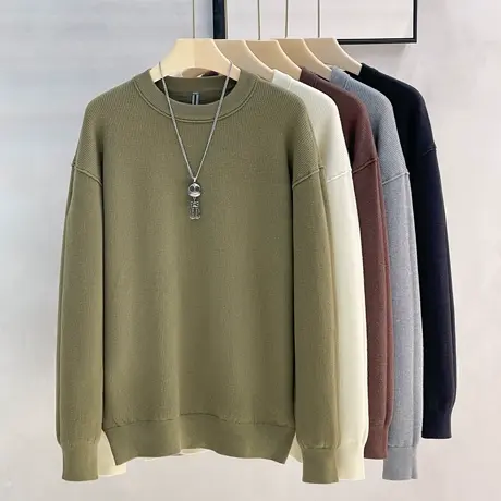 加厚圆领毛衣男秋冬季潮牌纯色打底衫宽松美式休闲毛衫男士针织衫商品大图