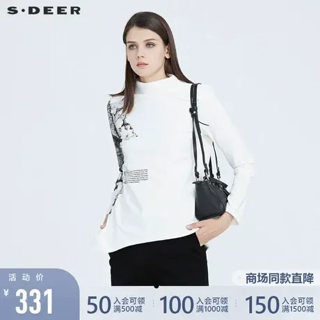 sdeer圣迪奥冬季女装半高领水墨印花不规则长袖白色T恤S20480219🤽商品大图