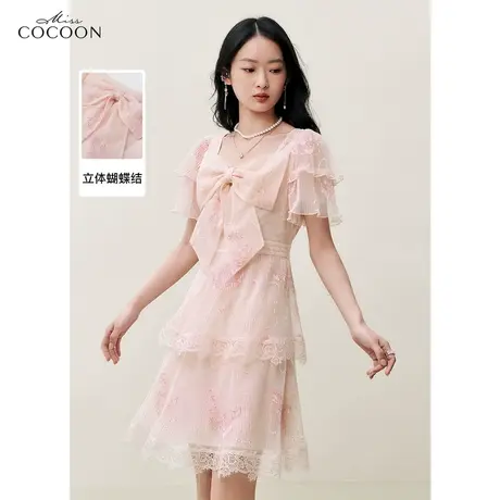 miss COCOON方领蝴蝶结绣花连衣裙女2023夏装新款小个子短款裙子商品大图