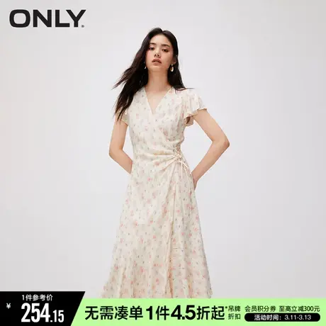 ONLY秋季时尚法式V领荷叶袖碎花收腰连衣裙女|123207136商品大图