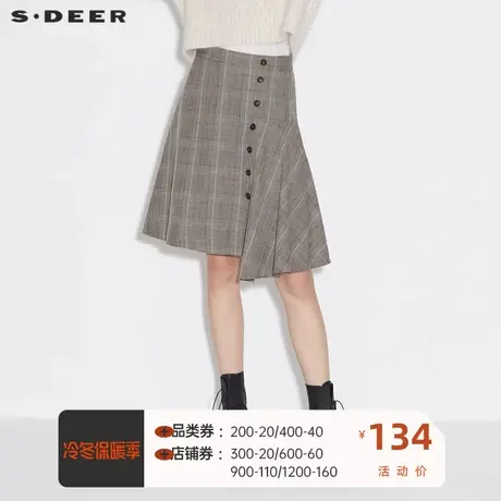 sdeer圣迪奥女装英伦风撞色格纹拼接不规则短裙S21361308🆑商品大图