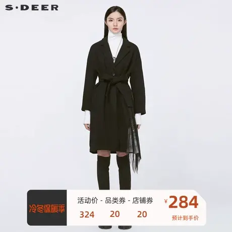 sdeer圣迪奥女装平驳领收腰网纱印花拼接毛呢大衣S20481824🥠商品大图