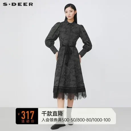 sdeer圣迪奥女装翻领收腰植物印花拉链蕾丝衬衫连衣裙S21461202商品大图