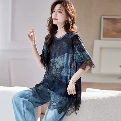 宝诗黎中长款蕾丝镂空拼接T恤2025夏季气质宽松慵懒百搭短袖上衣商品大图