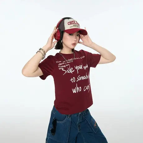 2025夏季潮牌显瘦字母印花短袖正肩T恤女街头ins风圆领半袖上衣商品大图