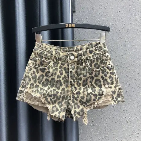 小众设计辣妹高腰豹纹热裤女25春夏新款百搭显瘦破洞a字牛仔短裤商品大图
