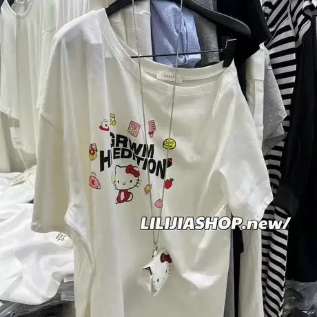 韩国东大门夏季新款宽松显瘦卡通印花斜肩上衣女百搭露肩短袖T恤商品大图