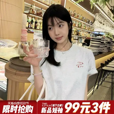 高级感韩系简约风花灰色短袖t恤女宽松显瘦百搭字母印花半袖上衣商品大图