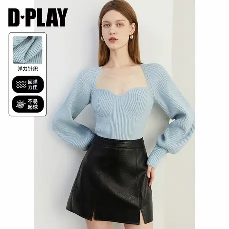 DPLAY2025春季气质通勤蓝色美背领灯笼袖针织衫套头毛衣上衣女商品大图