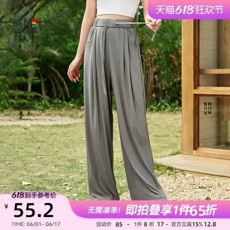 三福休闲裤2025新款夏季宽松高腰显瘦阔腿裤直筒灰色坑条裤子女装商品大图
