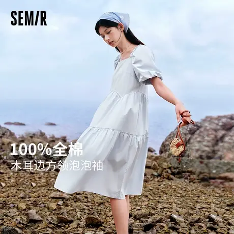 森马连衣裙女温柔系木耳边方领2024夏季新款泡泡袖娃娃裙甜美可爱图片