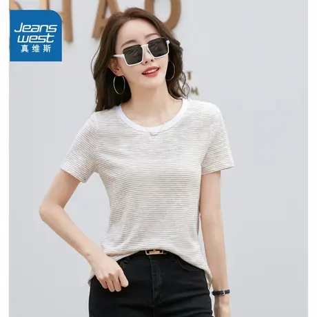 VO真维斯女装 2025秋季新款女款港风拼色条纹印花款百搭针织上衣商品大图