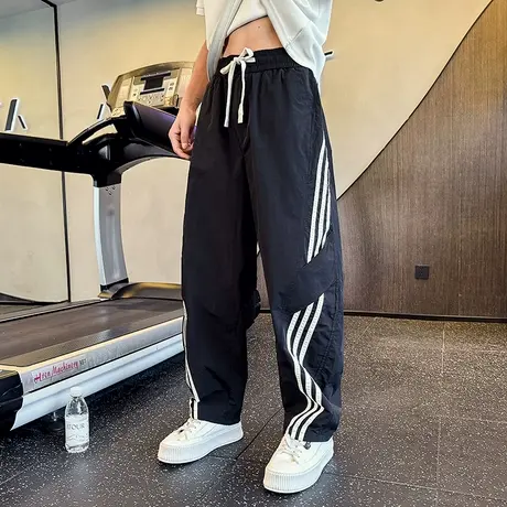 2025新款夏季潮牌松紧腰抽绳纯色时尚百搭休闲运动裤条纹个性卫裤图片