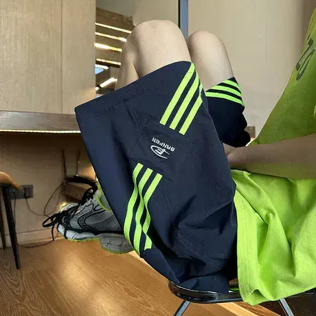 短裤男夏季2025新款大码斜纹织带直筒裤美式休闲裤潮牌跑步运动裤商品大图