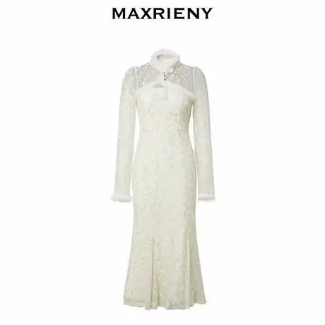 【奥莱】MAXRIENY国风复古风蕾丝鱼尾连衣裙新中式小白裙商品大图