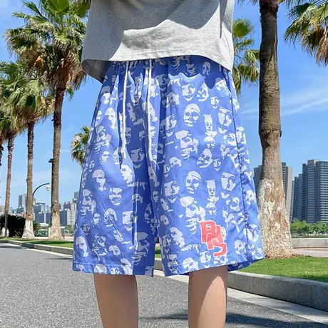 冰丝沙滩裤男夏季薄款宽松速干休闲短裤美式潮牌满印花情侣五分裤商品大图