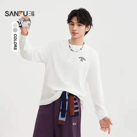 三福2025秋季男士小字母刺绣亨利领长T恤 休闲微落上衣506197商品大图