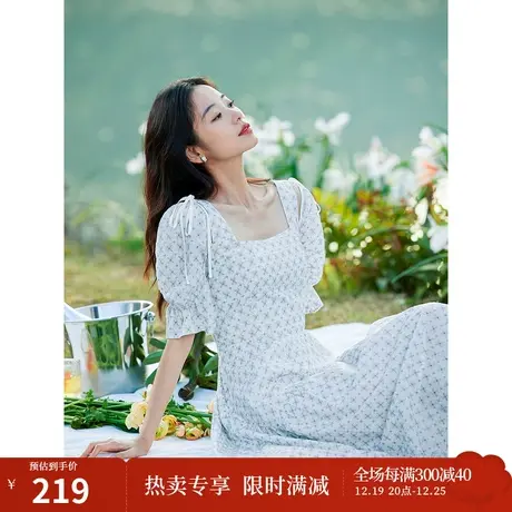 茵曼法式甜美连衣裙2023夏季女装新款锁骨方领收腰显瘦A字长裙商品大图