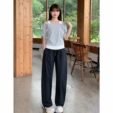 尔给夏季薄款速干小弯刀裤女小个子休闲宽松高腰百搭直筒阔腿裤图片