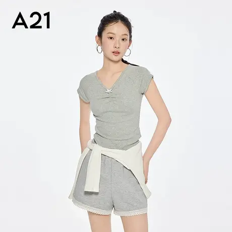 女装V领蝴蝶结短款T恤简约修身短袖套头微弹上衣图片