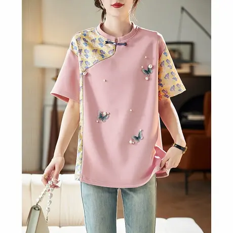 宝诗黎圆领钉珠提花拼接短袖T恤2025夏季设计感国风百搭休闲女装图片
