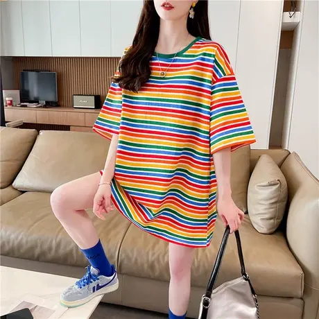 撞色彩虹条纹t恤2025女短袖夏季新款简约百搭休闲宽松半袖衫上衣商品大图
