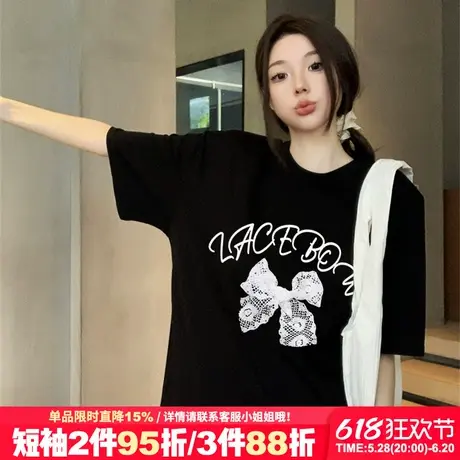 韩系氛围感黑色正肩t恤女短袖2025新款宽松纯棉减龄设计感上衣潮商品大图