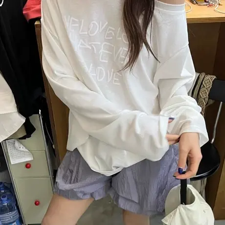 韩国东大门夏季新款字母印花宽松斜领露肩长袖T恤防晒罩衫上衣女商品大图