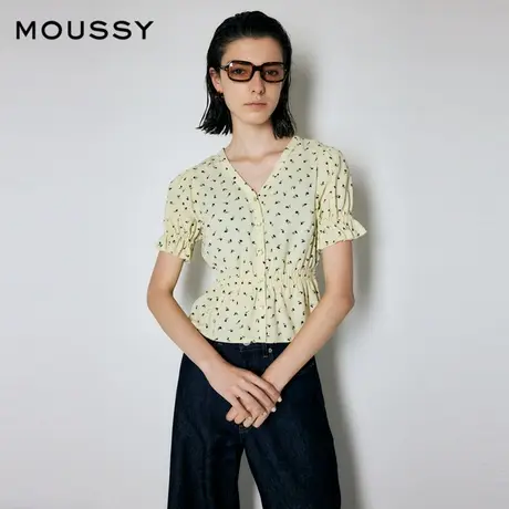 MOUSSY 夏季新品时尚碎花V领泡泡袖单排扣收腰短袖衬衫女商品大图