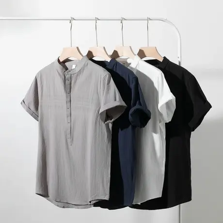 轻薄款夏季新款纯色亚麻圆领简约宽松舒适短袖衬衫上衣 男女同款图片