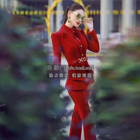 VJE秋冬设计感西装套装新款减龄假两件西服喇叭裤两件套图片
