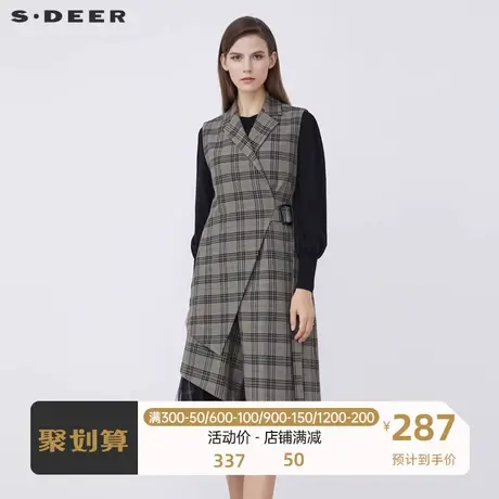 sdeer圣迪奥女装西装领格纹收腰不规则长款马甲S21361601🆒商品大图