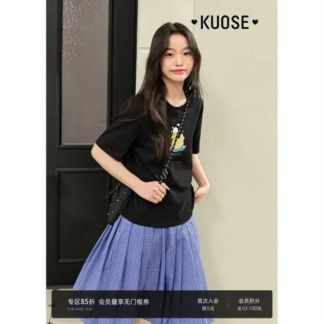 阔色黑色小黄鸭印花T恤女2025春夏季新款纯棉休闲短袖宽松上衣图片