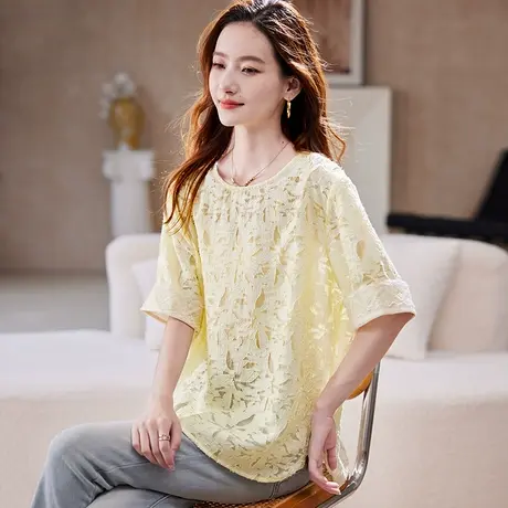 宝诗黎圆领提花镂空短袖衬衫2025夏季新款时尚百搭休闲宽松衬衣女商品大图
