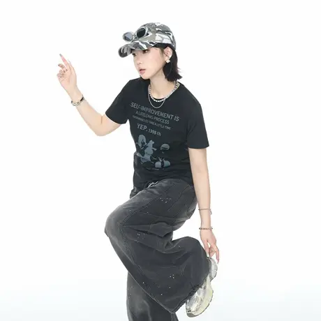 2025夏季正肩短款修身短袖T恤女潮酷辣妹风创意印花半袖上衣商品大图