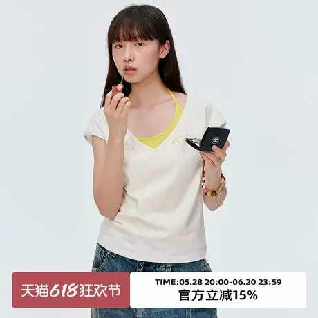 omont蛋挞家复古v领烫钻设计短袖T恤2025夏正肩修身显瘦百搭上衣商品大图