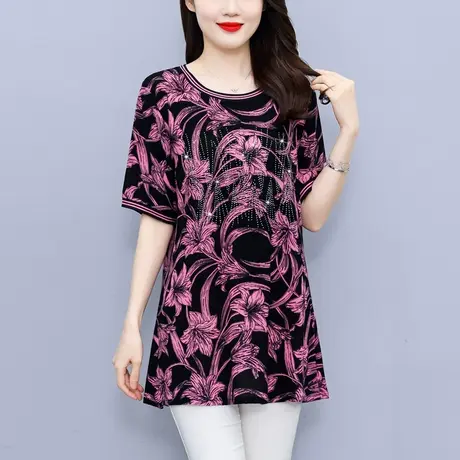中长款印花冰丝短袖t恤女2025夏装新款妈妈大码女装胖mm显瘦遮肚商品大图