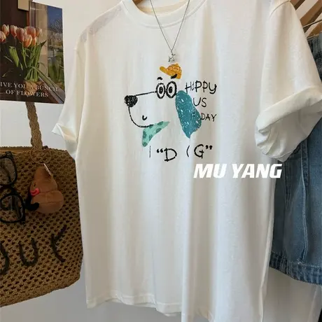 小小艺术家~速写速画蓝耳朵狗印花雪花棉短袖T恤女宽松趣味上衣夏商品大图