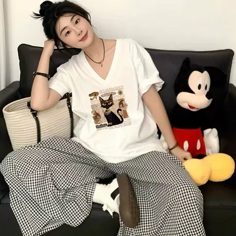 夏日ootd穿搭短袖t恤大码ins潮独特漂亮的小上衣女V领慵懒街头风商品大图