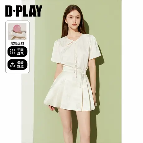DPLAY夏季中式白色圆领短袖宽松国风缎面暗纹新中式上衣女商品大图