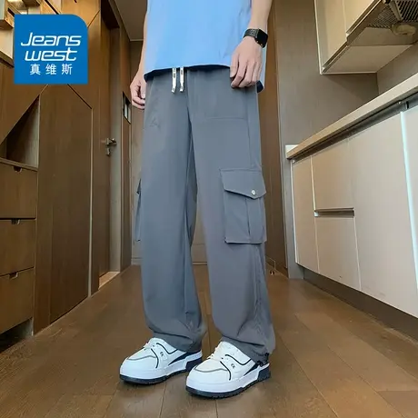 KZH真维斯灰色休闲裤男夏季薄款宽松直筒裤潮流阔腿休闲冰丝长裤商品大图