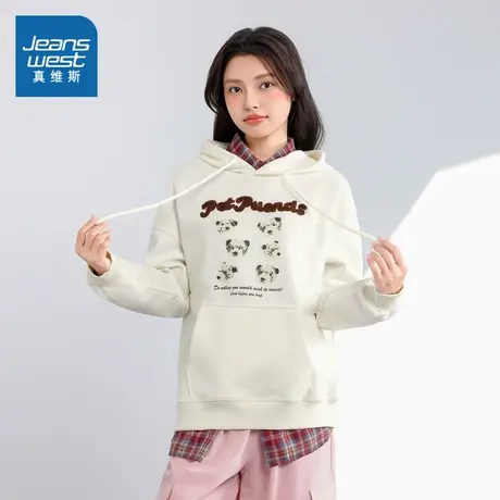 N8真维斯女装2025春季新款 美式复古小狗印花小个子连帽卫衣女商品大图