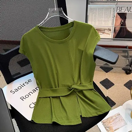 拉夏贝尔夏季不对称设计感短袖t恤女2025年新款小衫收腰百搭上衣商品大图