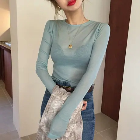 韩国东大门秋装打底衫女2021新款INS超火修身性感薄款透长袖T恤女图片