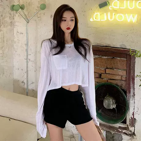 泫雅宽松爵士风格露腰跳舞蹈服超a辣妹透视短款T恤长袖漏肚脐上衣图片