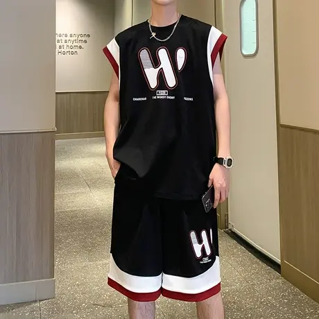美式无袖T恤套装男夏季新款休闲运动一套潮青少年背心短裤两件套图片