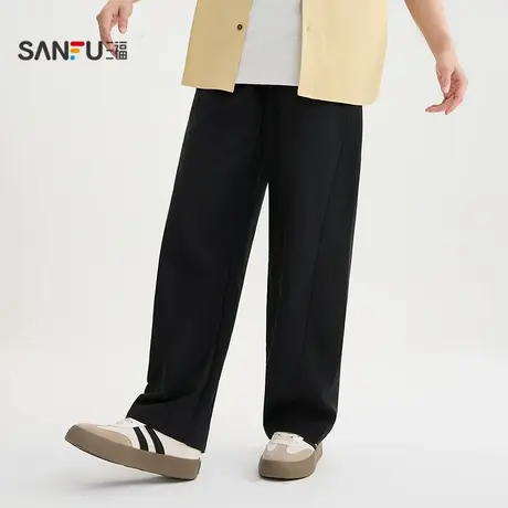 三福2025秋季男士纯色棉麻休闲裤 宽松直筒橡筋腰头长裤506268商品大图