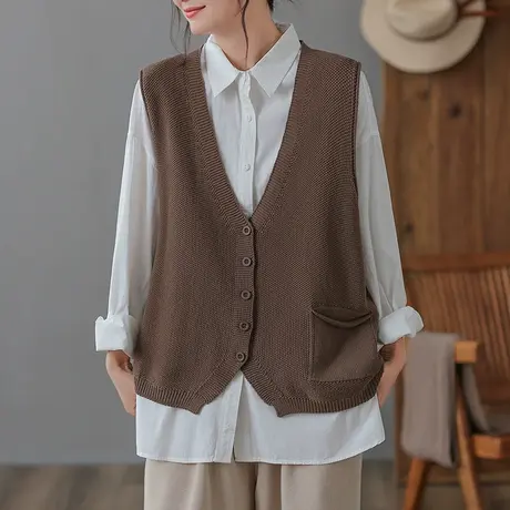 dza复古宽松V领针织马甲背心女春秋内搭叠穿毛衣马夹休闲外搭上衣图片
